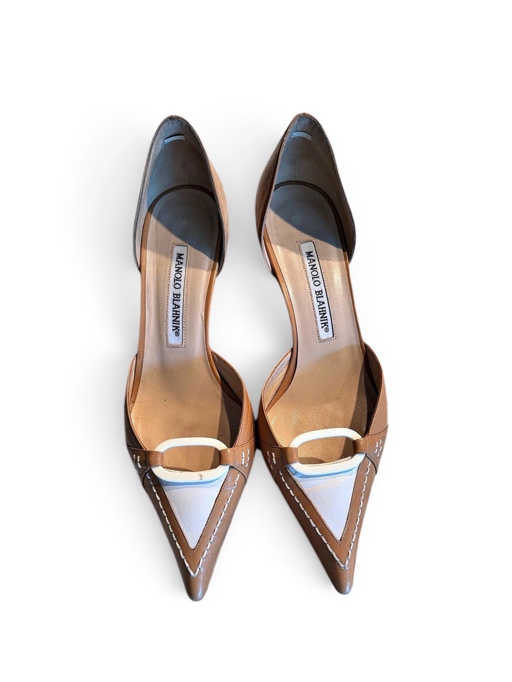 Manolo Blahnik Brown and White Pointed D'Orsay Pumps with Buckle Detail